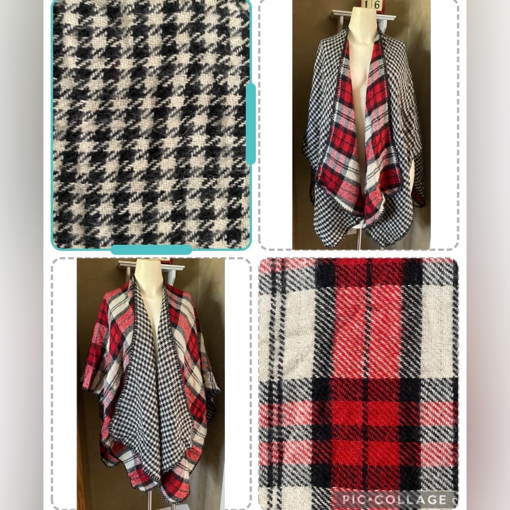 Apt 9 Cape/ Wrap Jacket Reversible Ruana Houndstooth Plaid one size